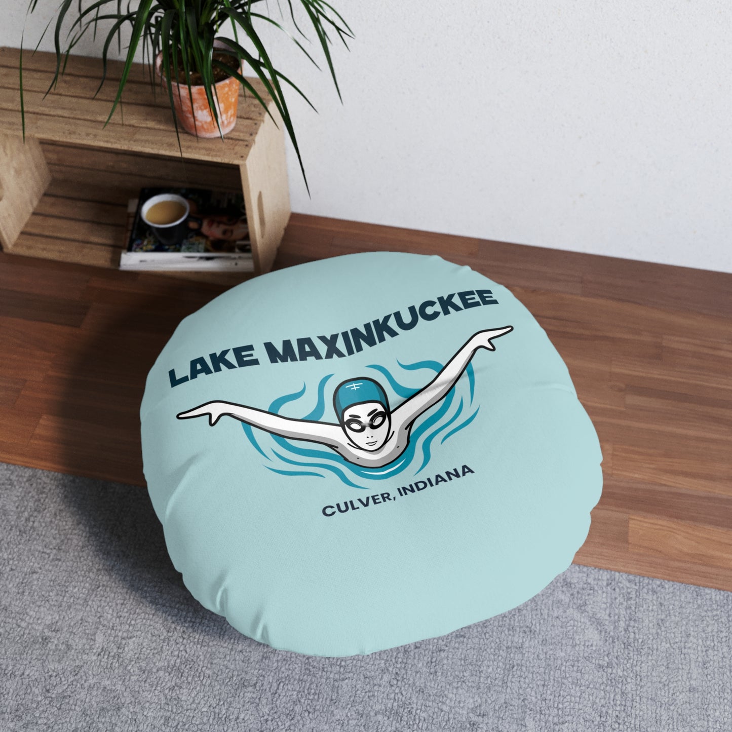 Lake Maxinkuckee Culver Indiana Swimmer Tufted Floor Pillow, Round