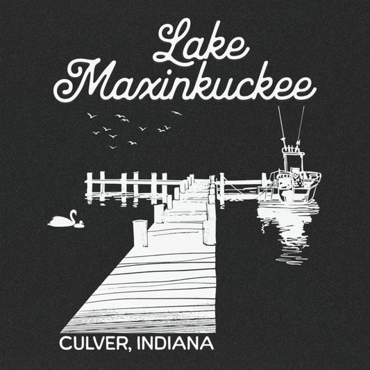 Lake Maxinkuckee, Culver. Indiana, boat and pier graphic car magnet in black and white