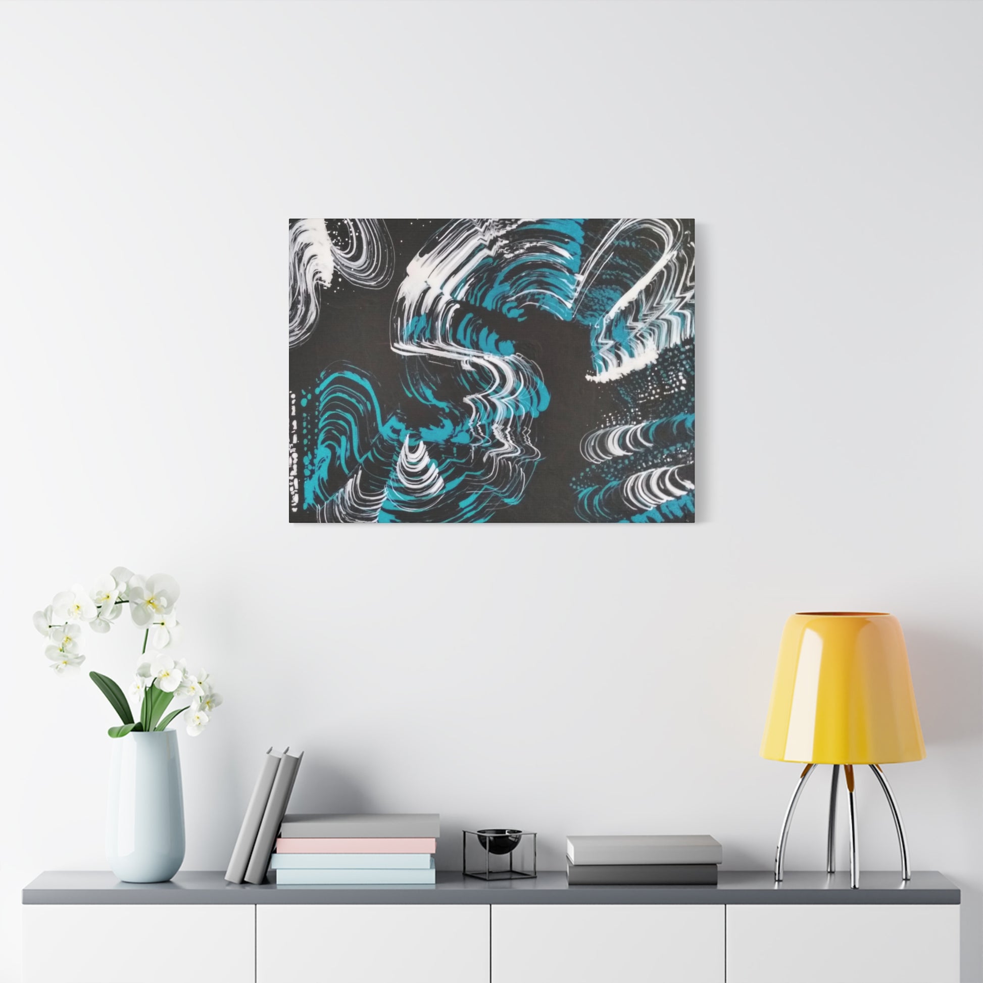 Jellyfish Slinky #13 abstract painting in black, white, turquoise, water themed wall art POD Canvas Gallery Wraps