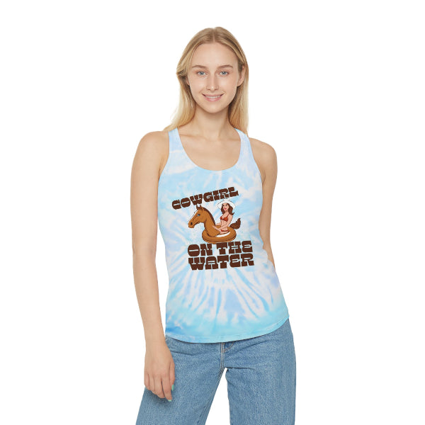  tie dye Tank Top featuring a graphic of a cowgirl on a horse float ring. 