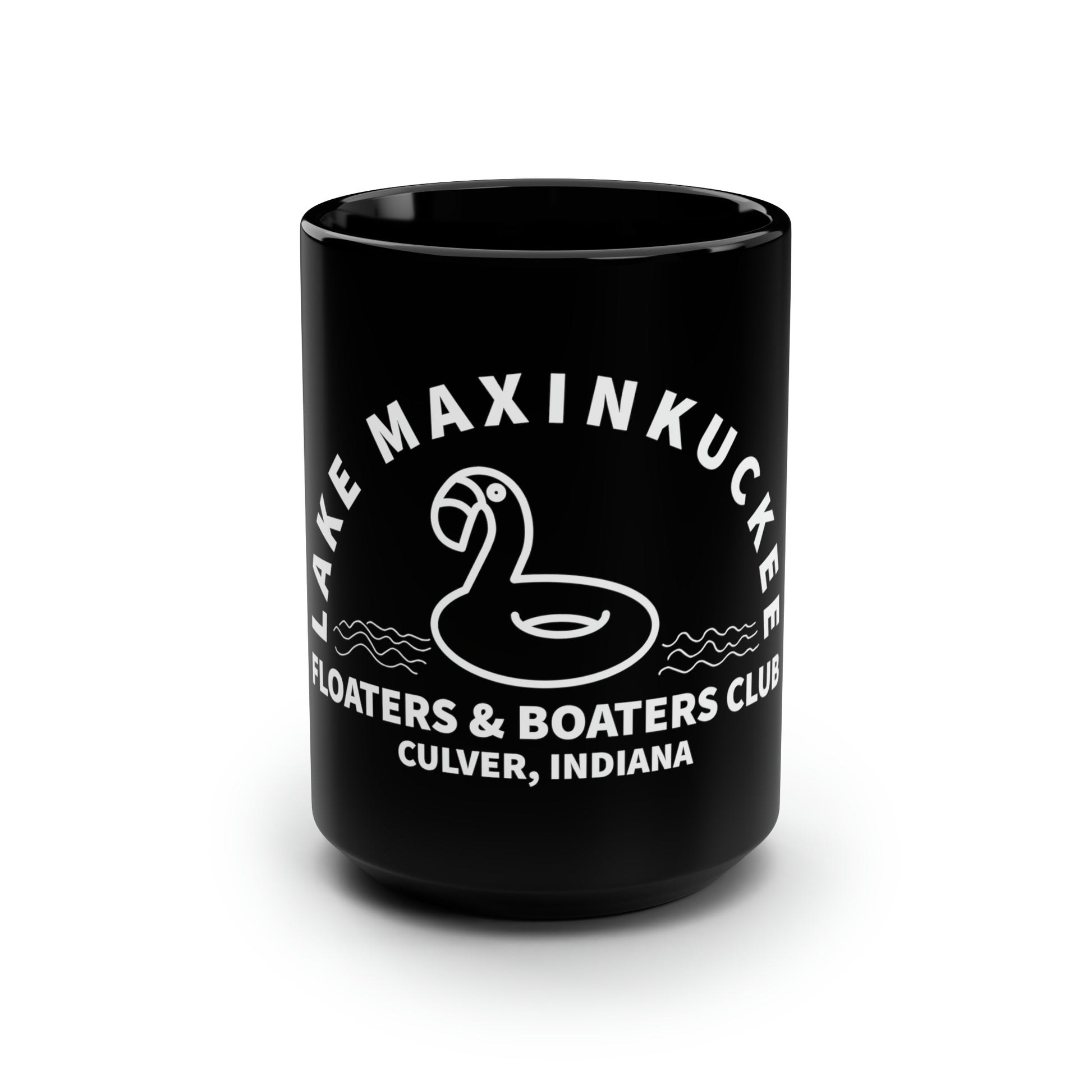 graphic of a flamingo float with text Lake Maxinkuckee Floaters & Boaters, Culver Indiana