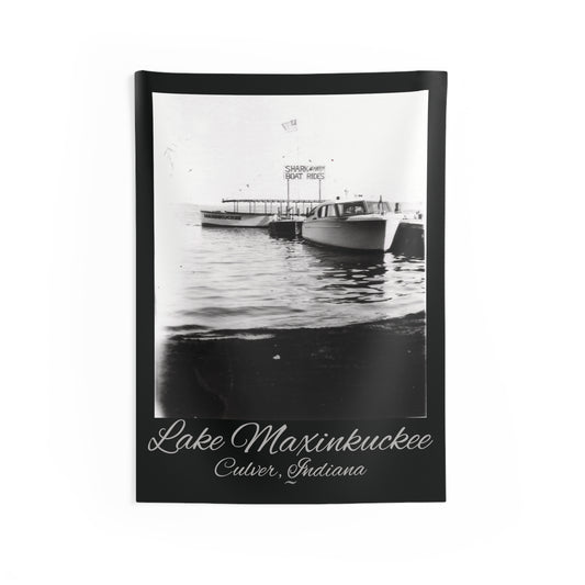 graphic of a vintage boat photo in black and white with text Lake Maxinkuckee Culver Indiana