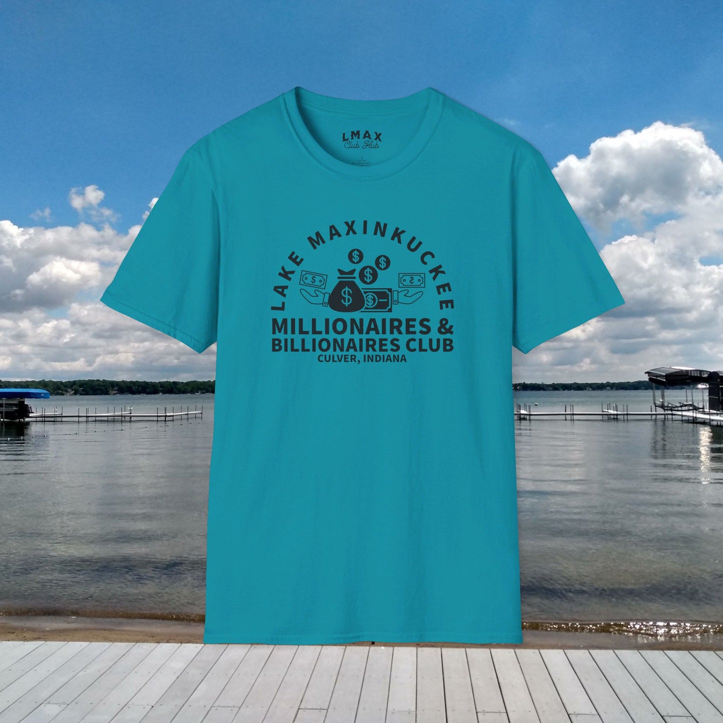 Millionaires & Billionaires Club, Lake Maxinkuckee, Culver, Indiana, Black Print Unisex Softstyle Tee