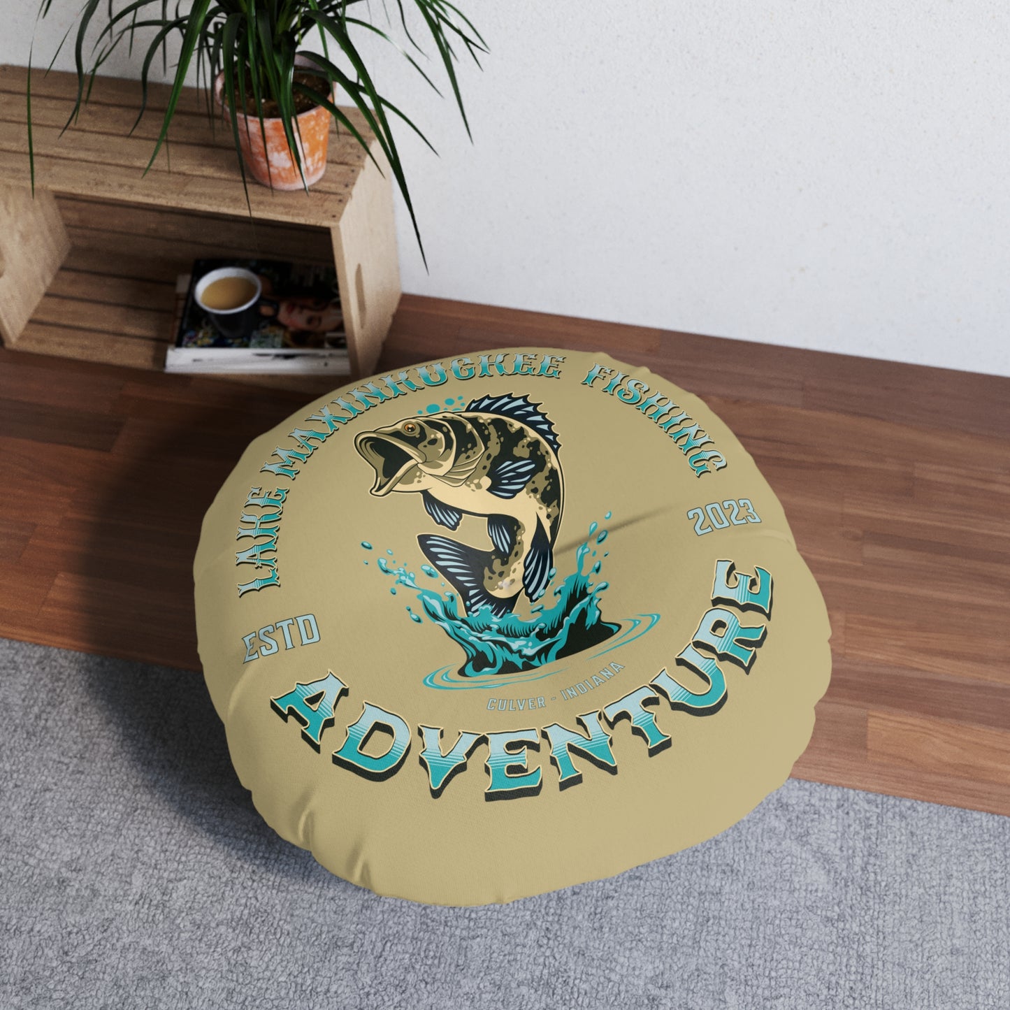 Lake Maxinkuckee Fishing Adventure Tufted Floor Pillow, Round