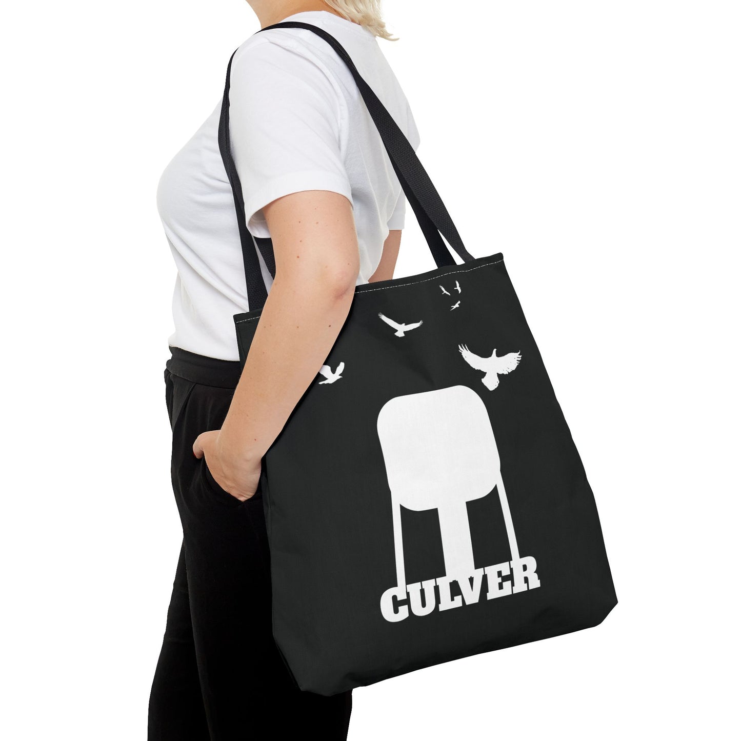 Culver Water Tower with Turkey Vultures in White Silhouette Tote Bag (AOP)