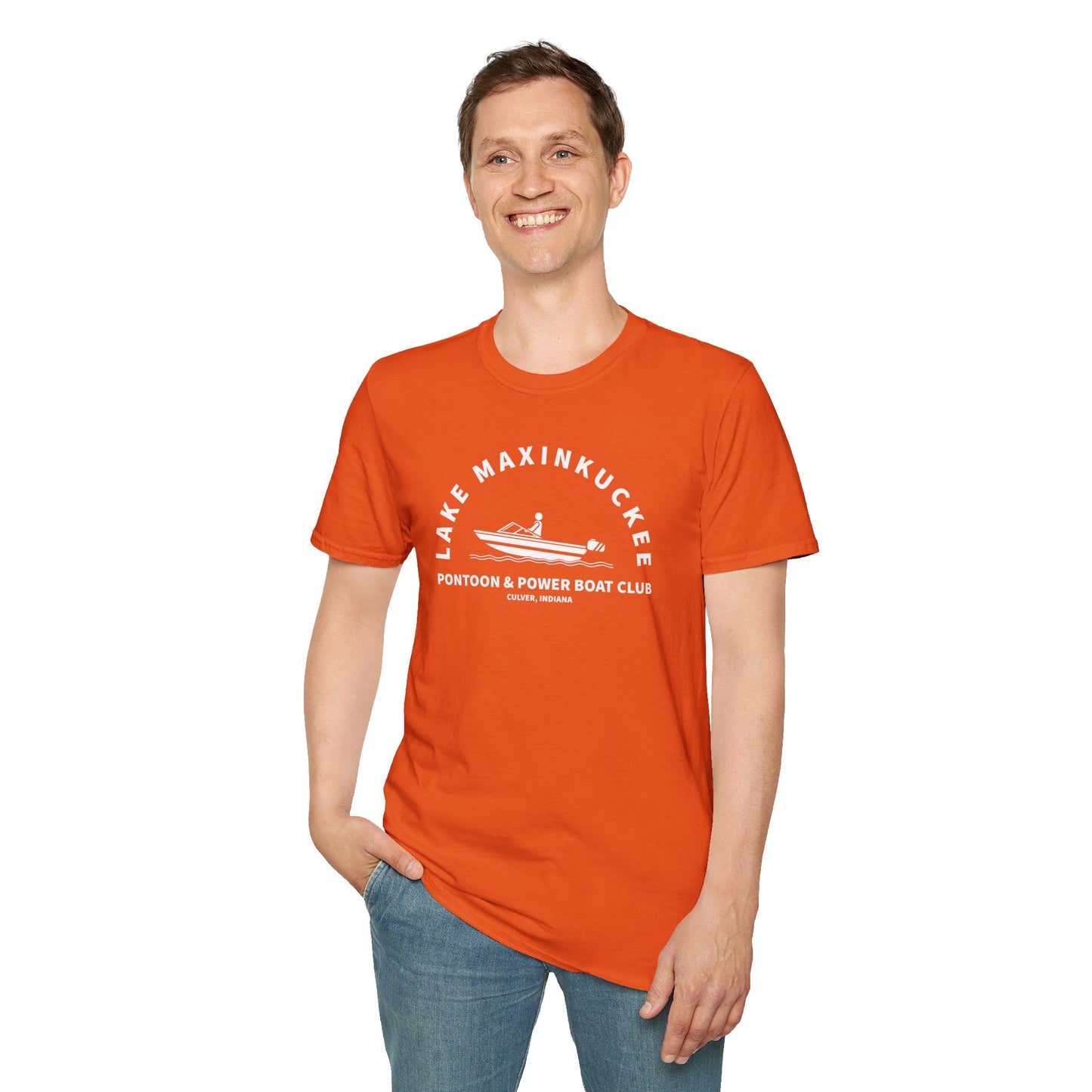 Lake Maxinkuckee Pontoon & Power Boat Club White Print Unisex Softstyle T-Shirt