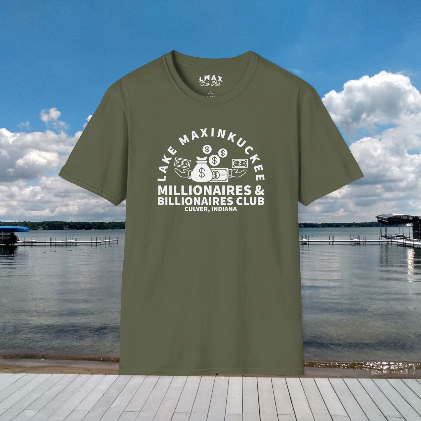 Millionaires & Billionaires Club, Lake Maxinkuckee, Culver, Indiana, White Print Unisex Softstyle Tee