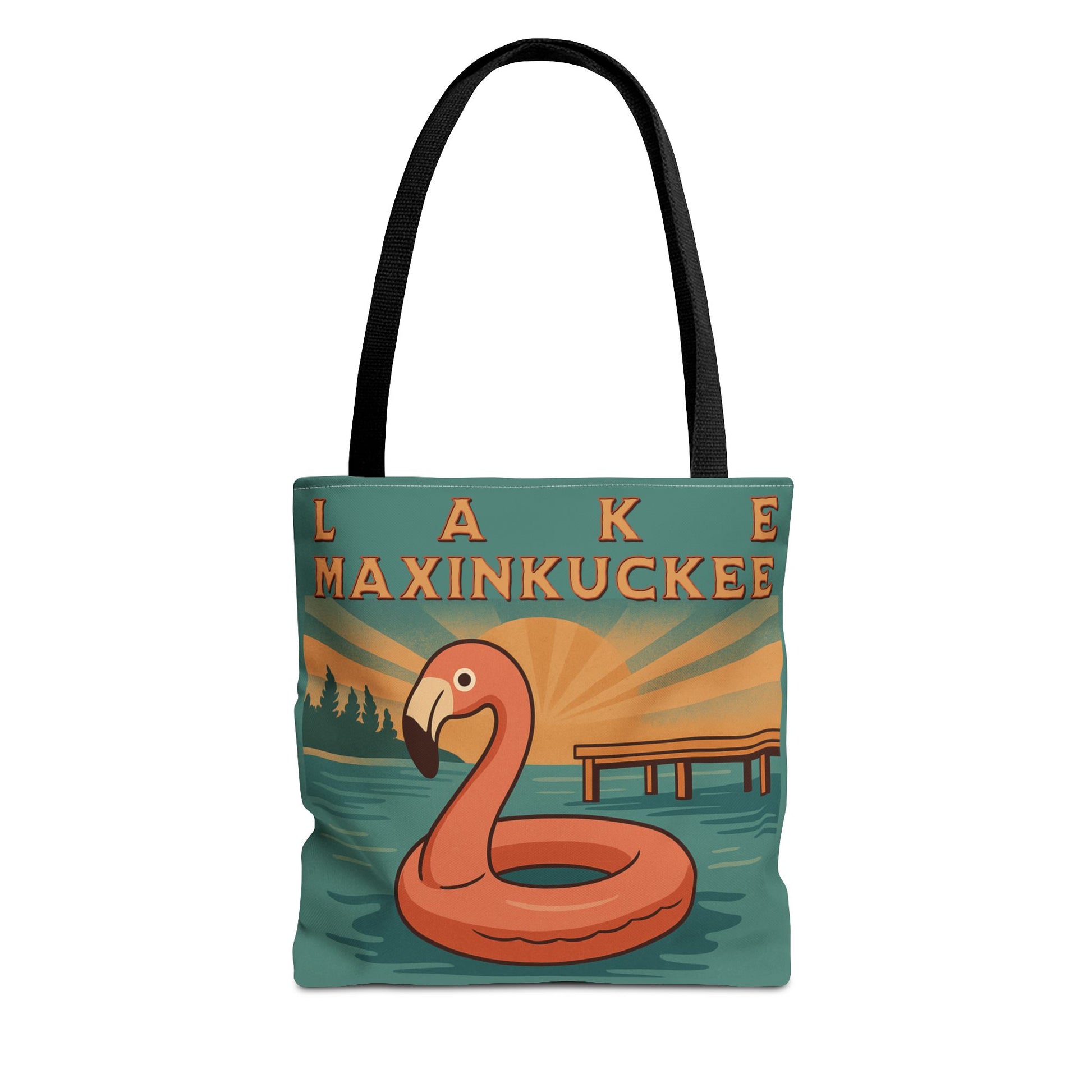 Tote bag with flamingo design and 'Lake Maxinkuckee' text 