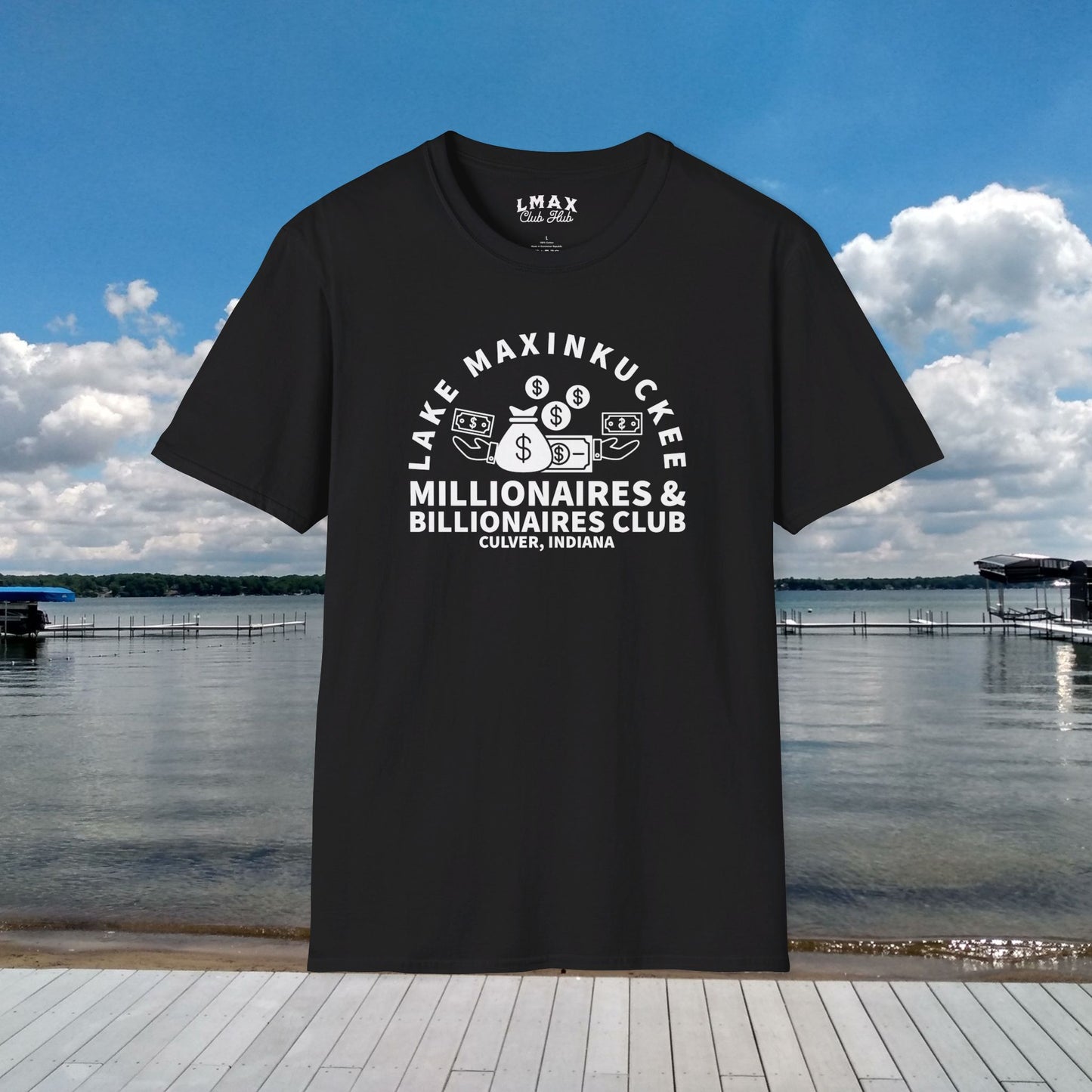 Millionaires & Billionaires Club, Lake Maxinkuckee, Culver, Indiana, White Print Unisex Softstyle Tee