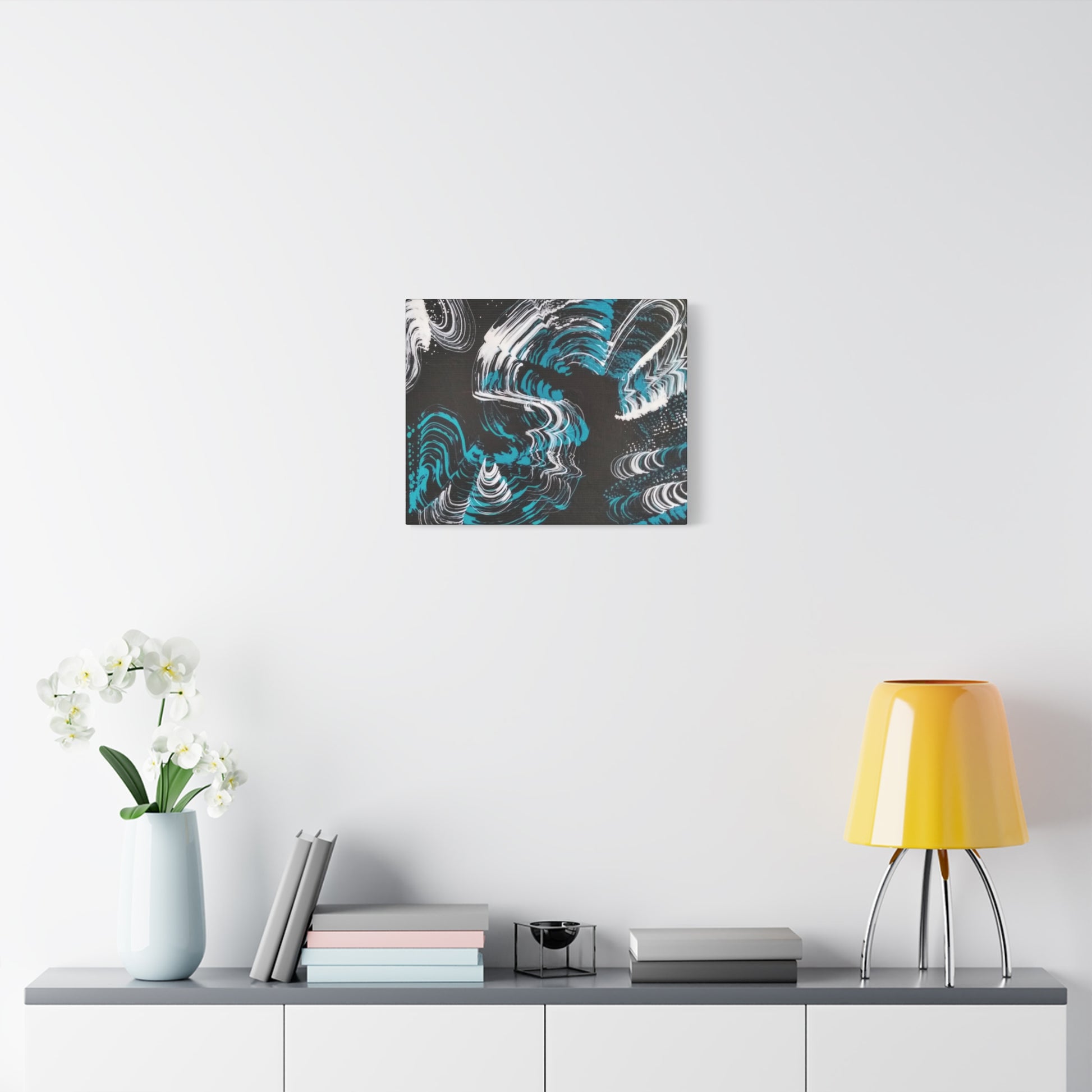 Jellyfish Slinky #13 abstract painting in black, white, turquoise, water themed wall art POD Canvas Gallery Wraps