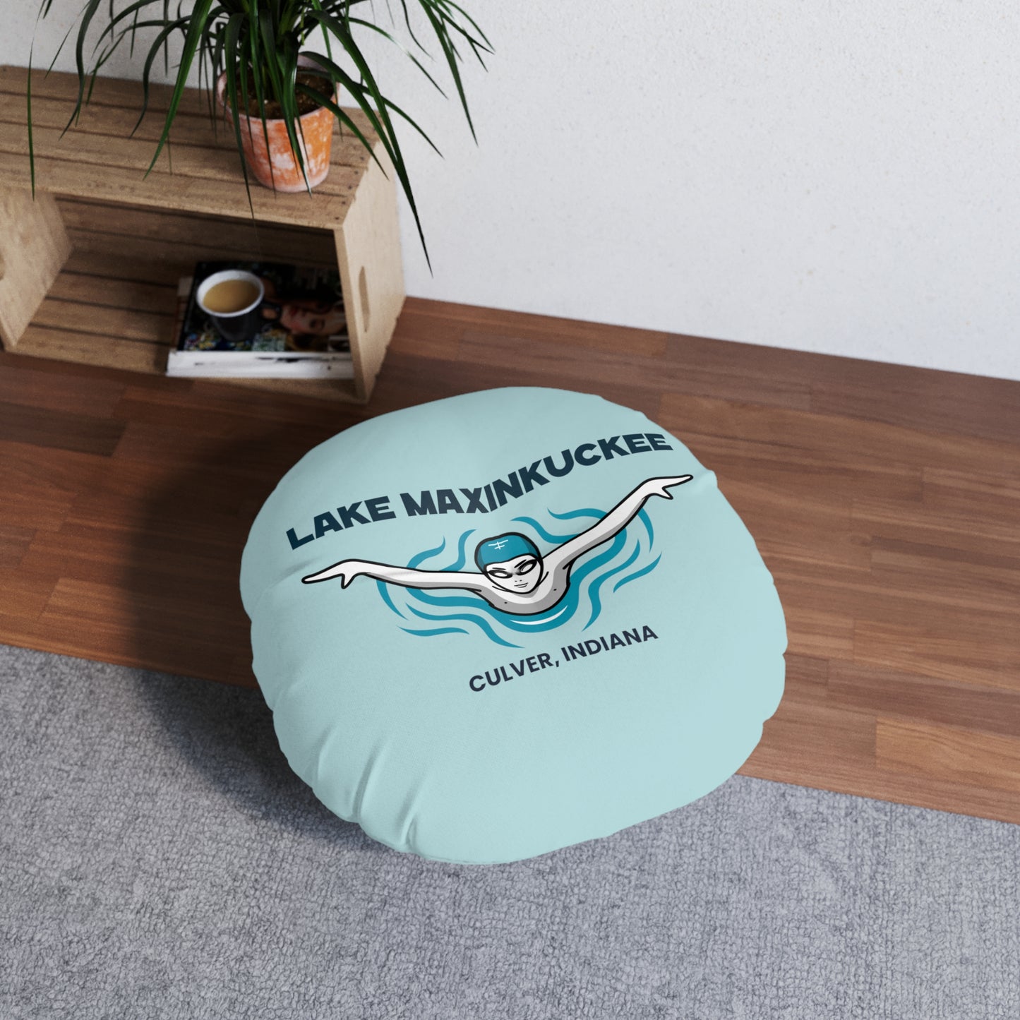 Lake Maxinkuckee Culver Indiana Swimmer Tufted Floor Pillow, Round