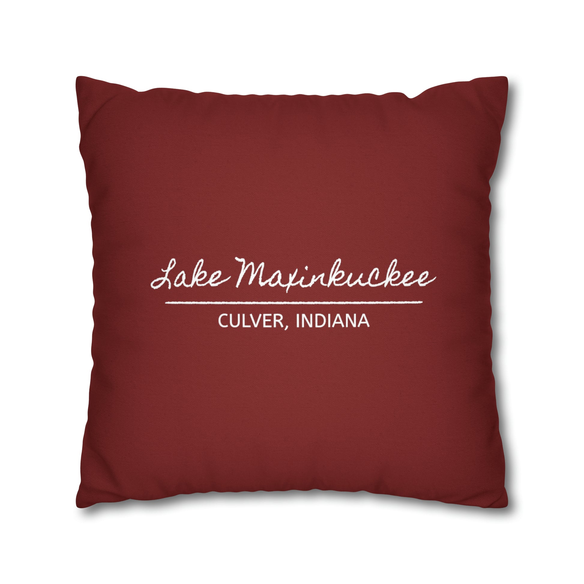 back of pillow says LAKE MAXINKUCKEE, CULVER, INDIANA