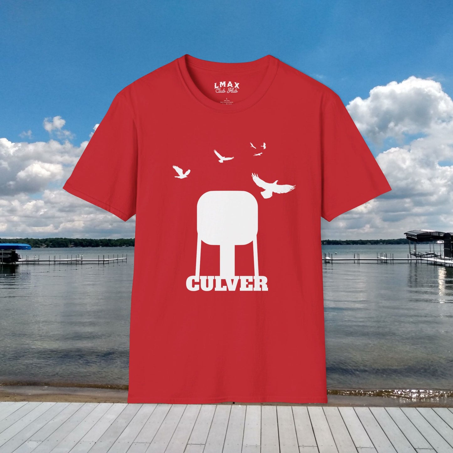 Culver Indiana Water Tower with Turkey Vultures in White Silhouette Unisex Softstyle T-Shirt