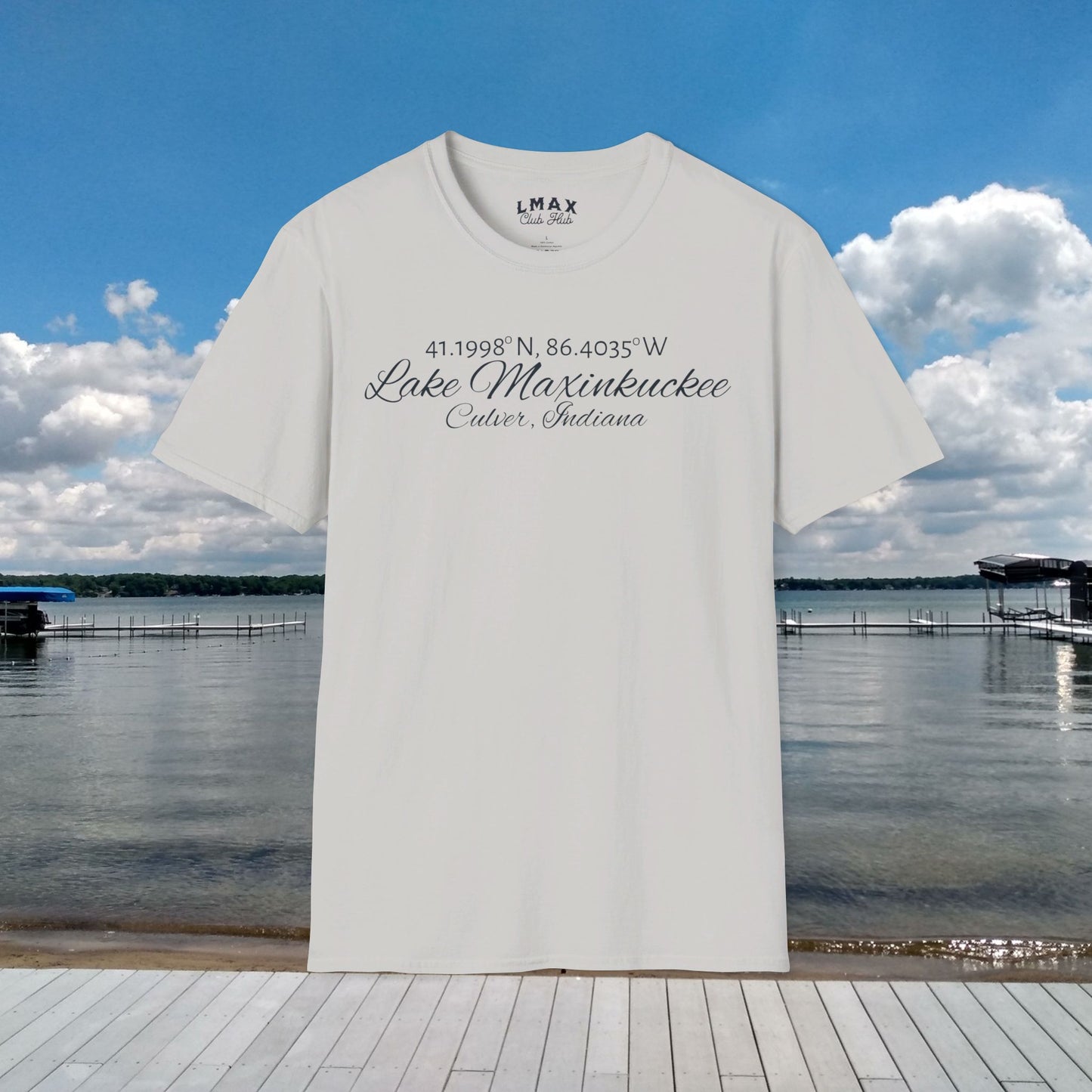 Lake Maxinkuckee Latitude/Longitude coordinates Unisex super soft tee for that Lake Life!