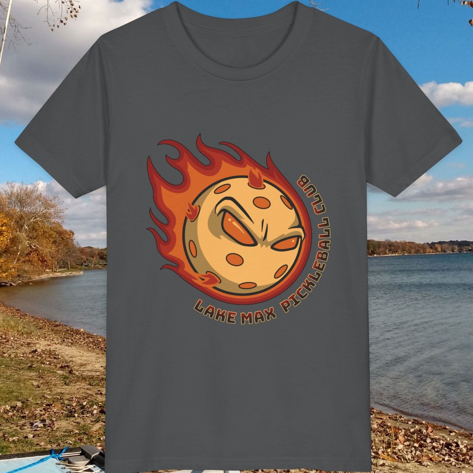 youth Lake Maxinkuckee Pickleball Club shirt with flaming pickleball graphic in asphalt