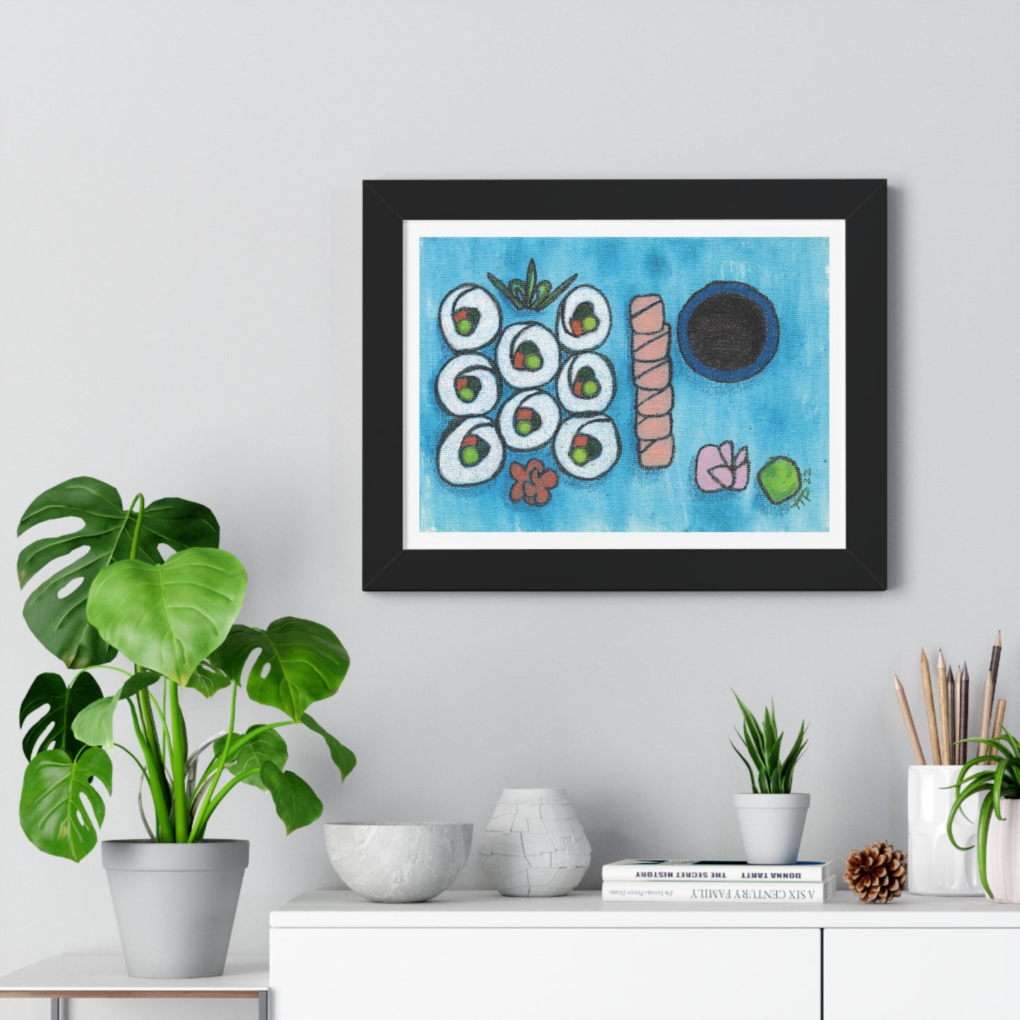 Sushi Blue Plate Special #1, Vegetable Maki and Salmon Sashimi Framed Horizontal Poster