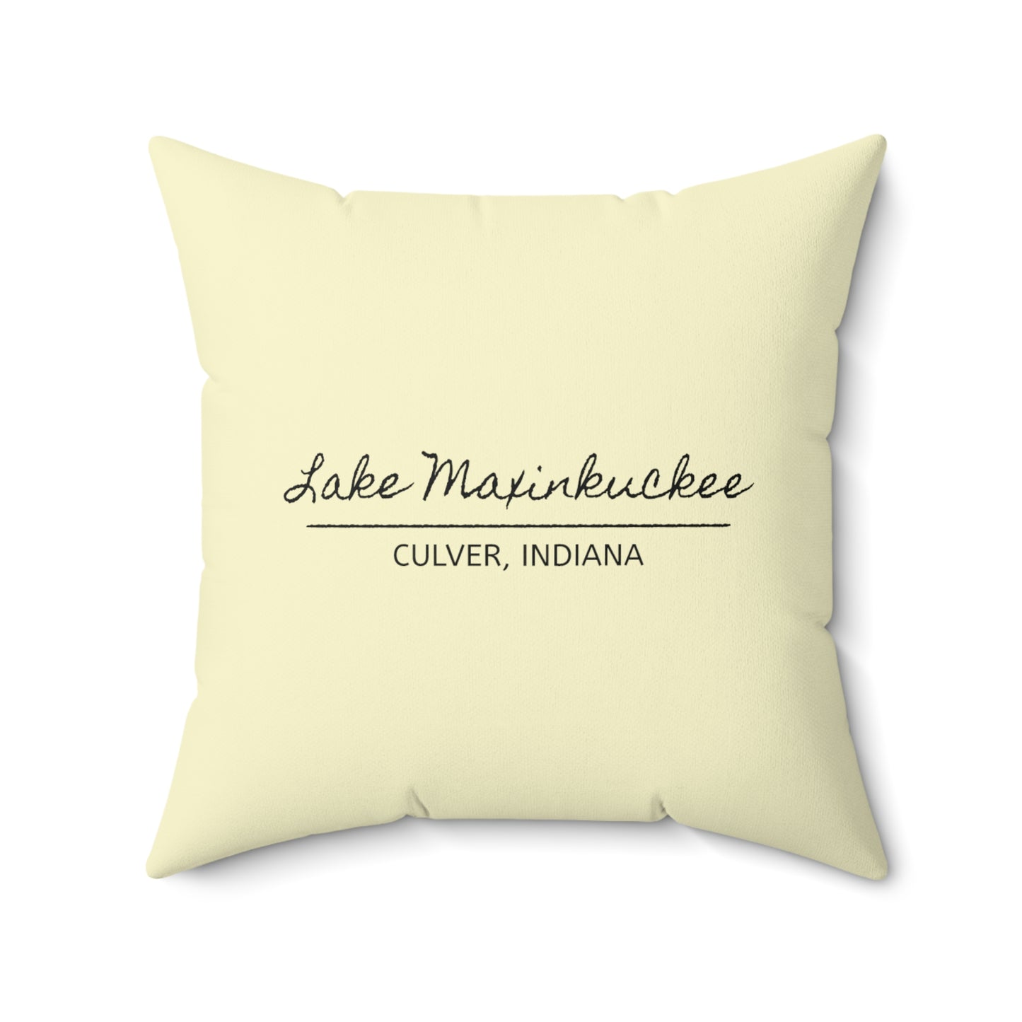 back of pillow says LAKE MAXINKUCKEE, CULVER, INDIANA