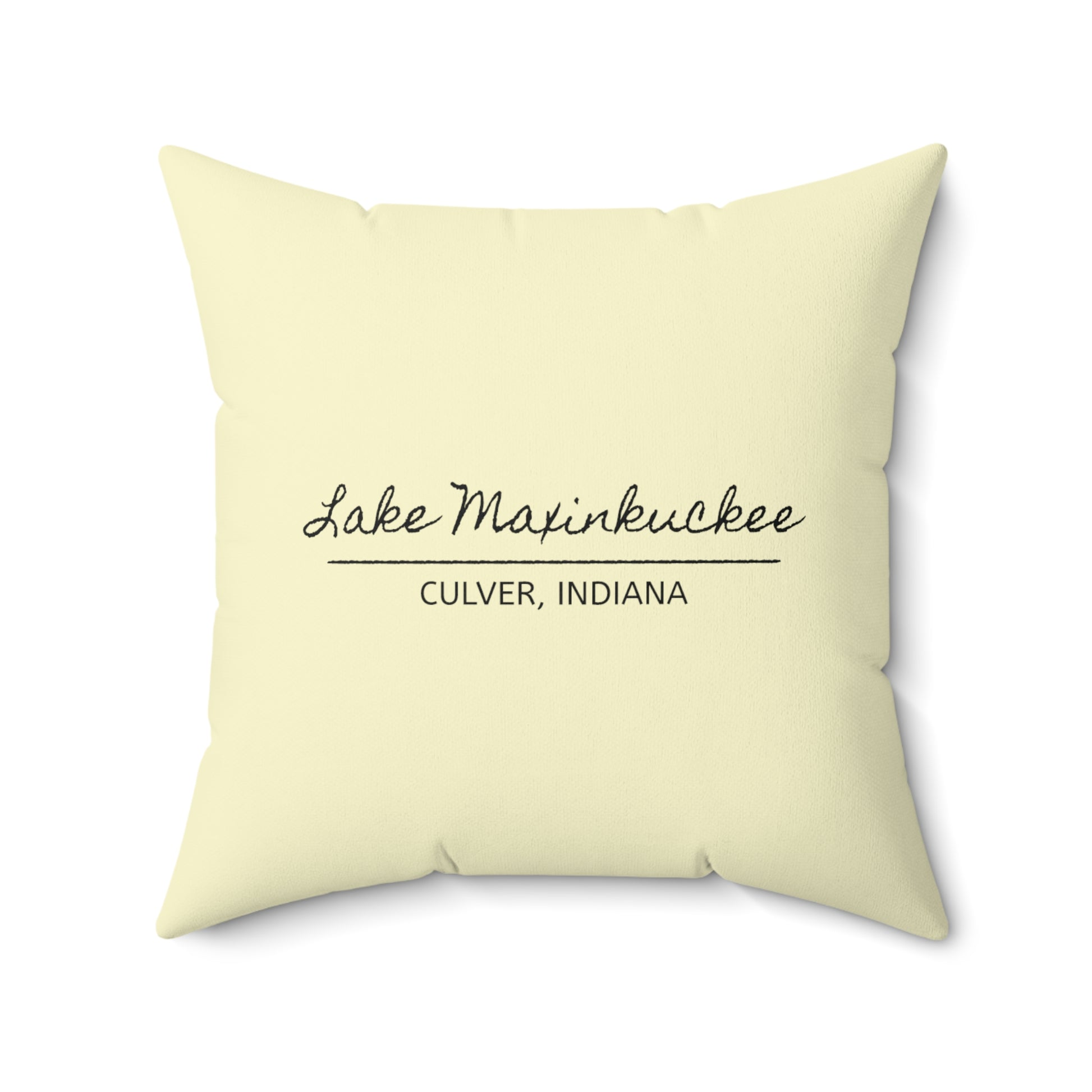 back of pillow says LAKE MAXINKUCKEE, CULVER, INDIANA