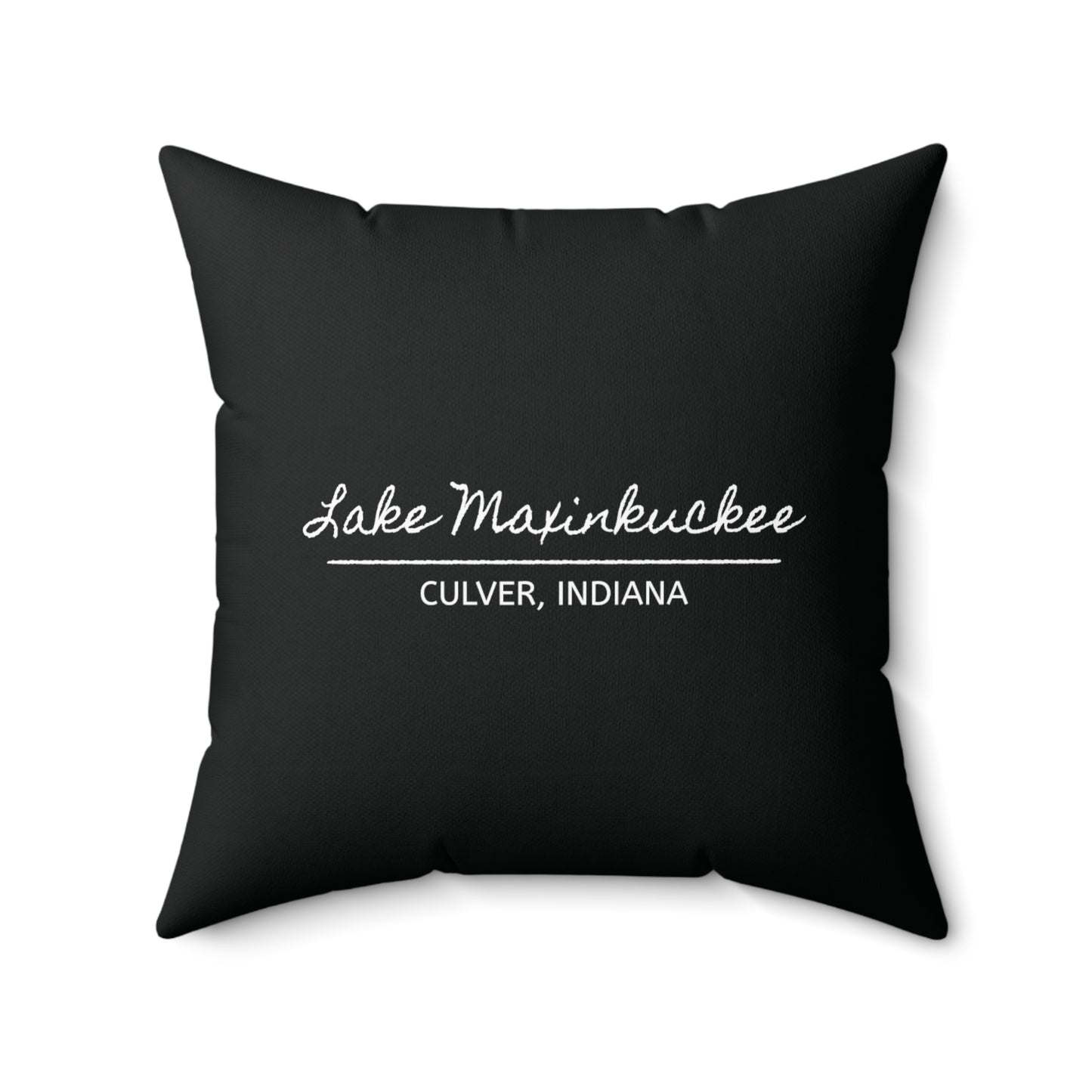 back of pillow says LAKE MAXINKUCKEE, CULVER, INDIANA