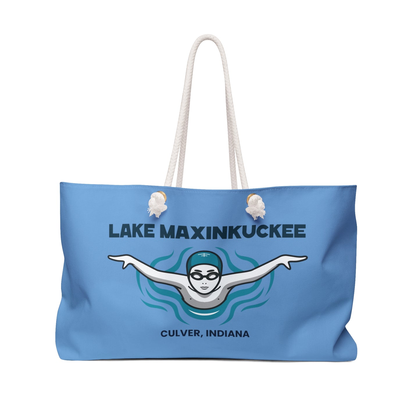 graphic of a swimmer from the front with arms spread and text Lake Maxinkuckee Culver Indiana