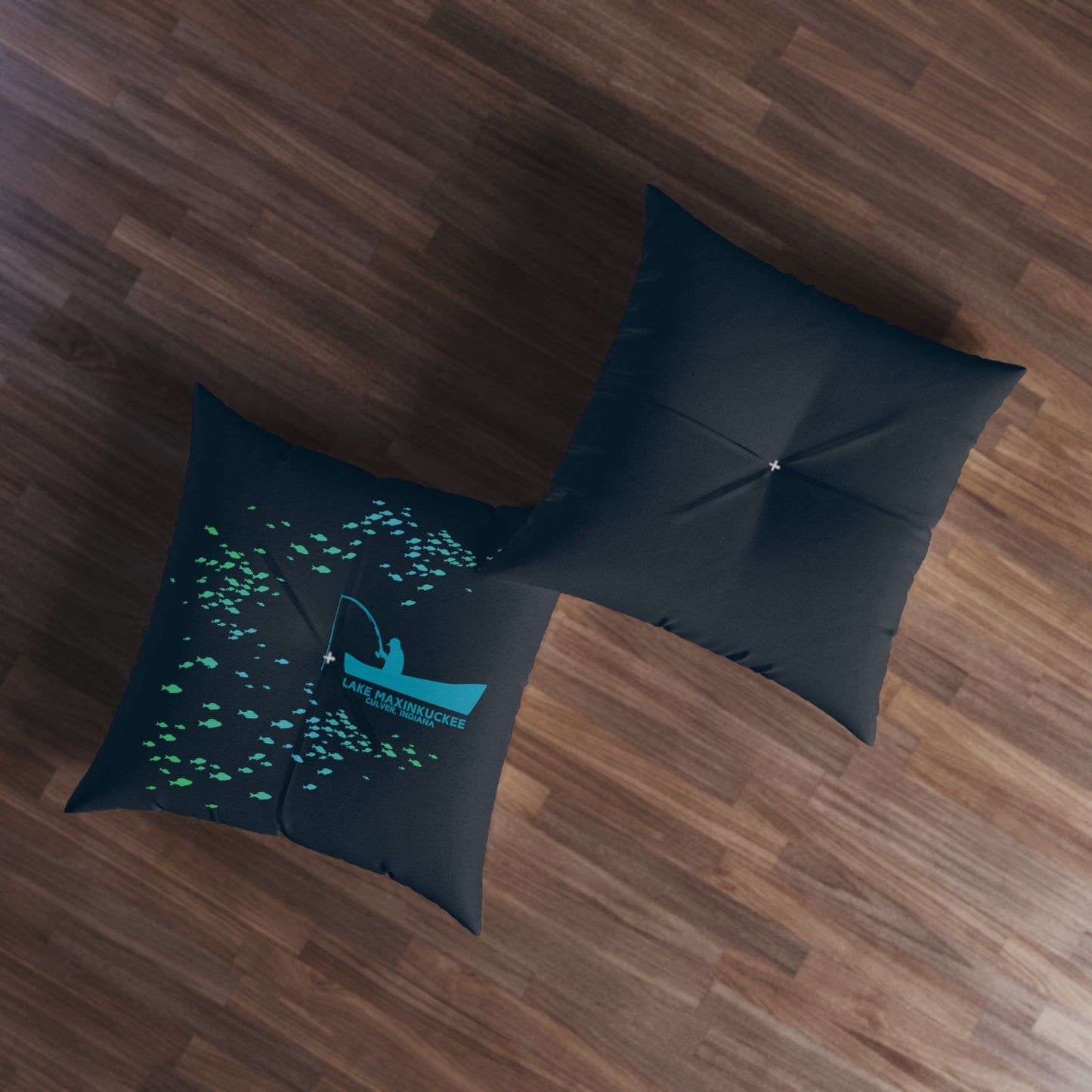 Fisherman in Boat Silhouette Tufted Floor Pillow, Square