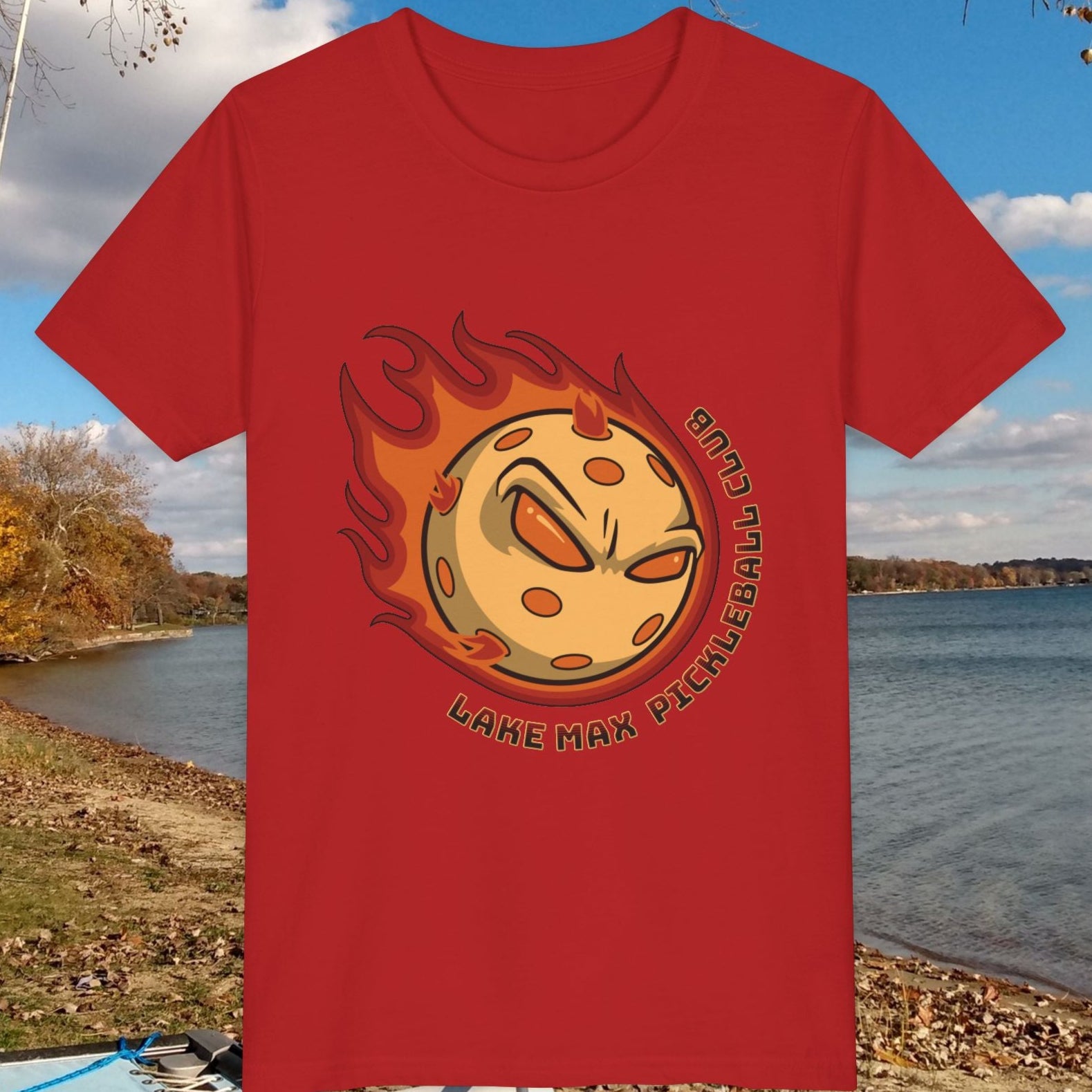 youth Lake Maxinkuckee Pickleball Club shirt with flaming pickleball graphic in red