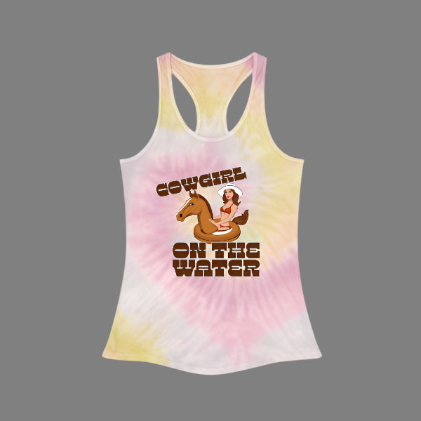  tie dye Tank Top featuring a graphic of a cowgirl on a horse float ring. 