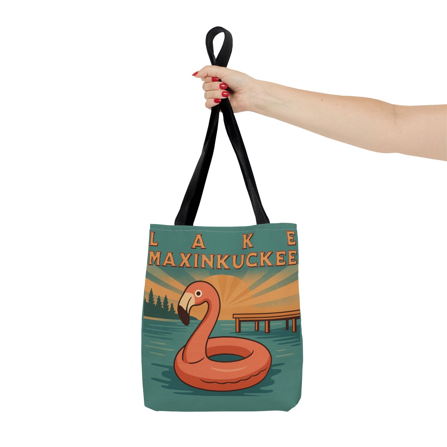 Tote bag with flamingo design and 'Lake Maxinkuckee' text 