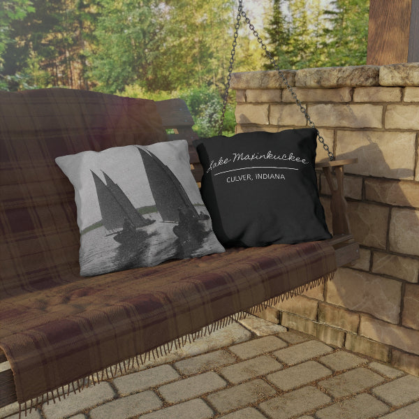 Outdoor pillow with vintage photo of sailboats on Lake Maxinkuckee, Culver, Indiana