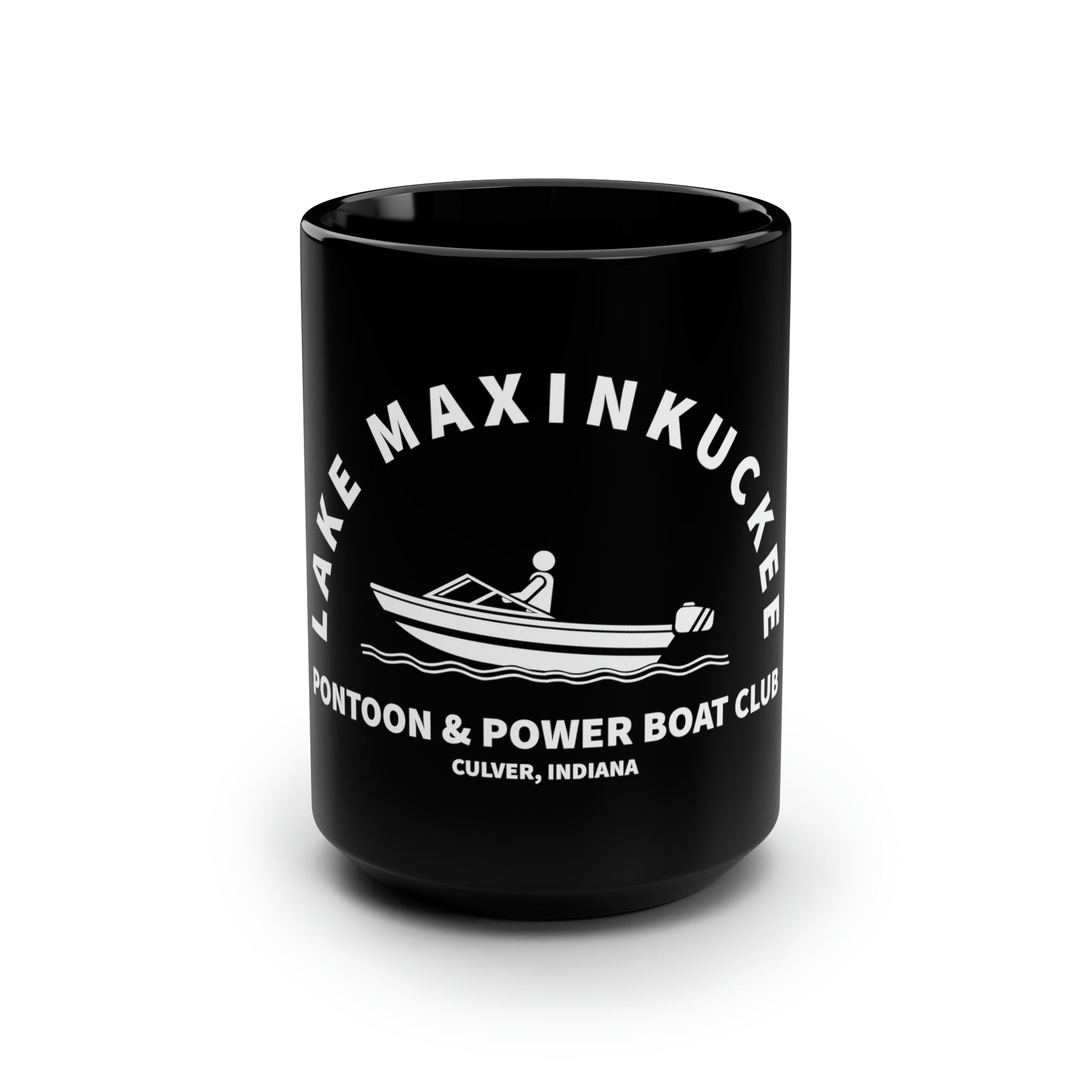 graphic of a power boat with text Lake Maxinkuckee Pontoon & Power Boat Club Culver Indiana