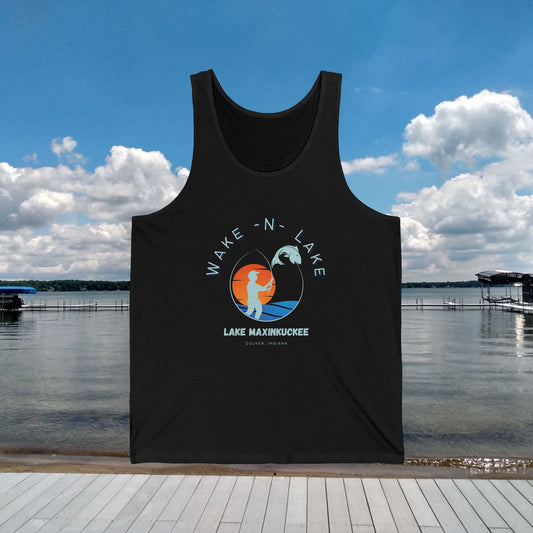 Wake and Lake, Lake Maxinkuckee Culver Indiana Unisex Jersey Tank Top