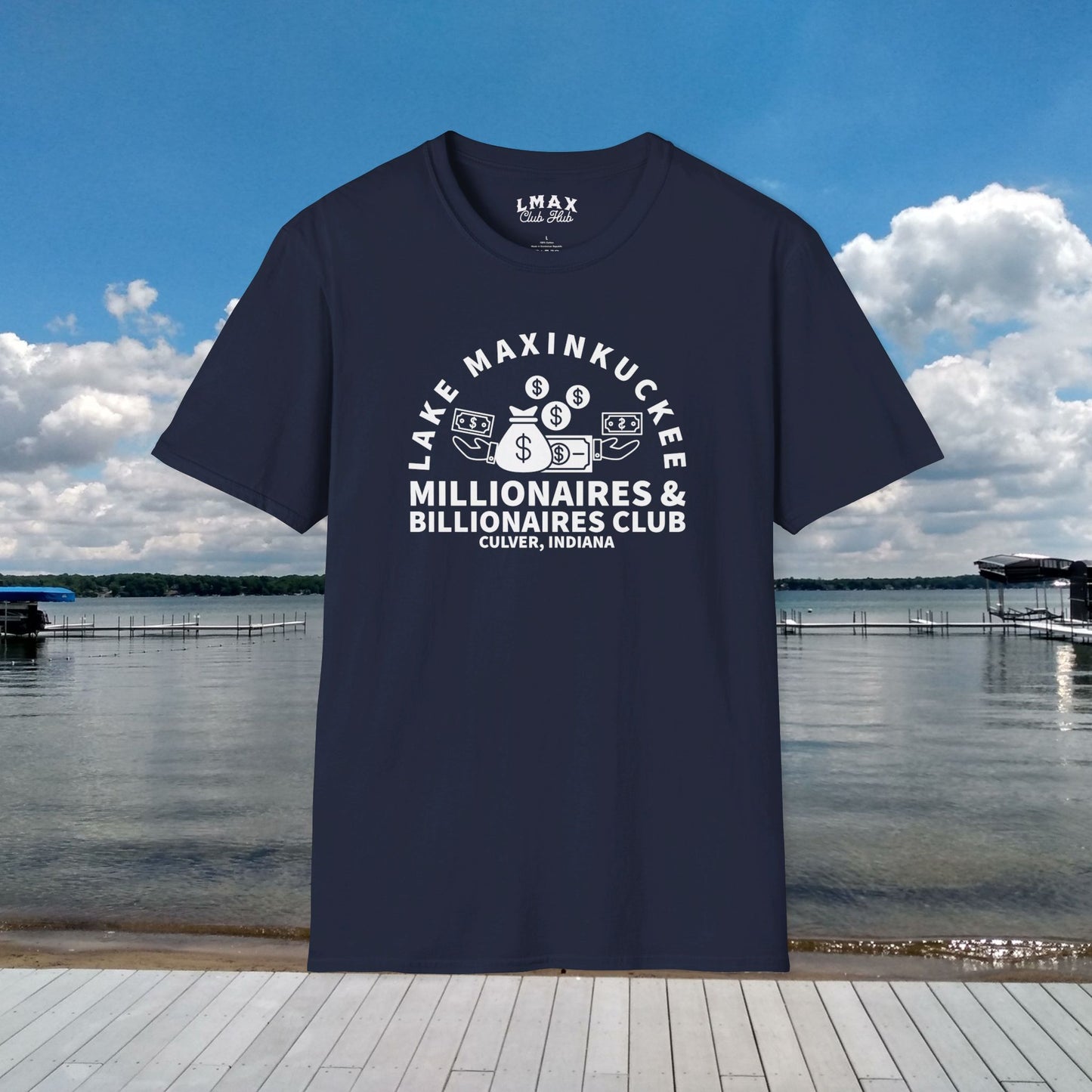 Millionaires & Billionaires Club, Lake Maxinkuckee, Culver, Indiana, White Print Unisex Softstyle Tee