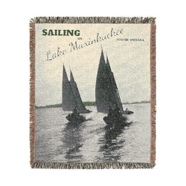  woven blankets feature a vintage photograph of sailboats having some fun on Lake Maxinkuckee in Culver, Indiana