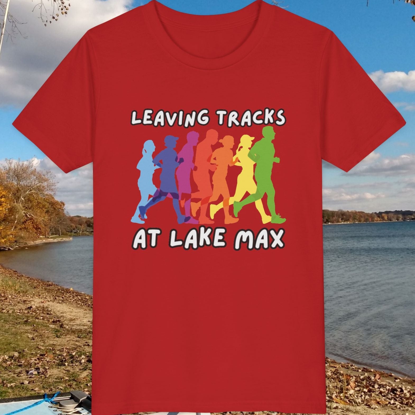 Leaving Tracks at Lake Max colorful youth tee in red