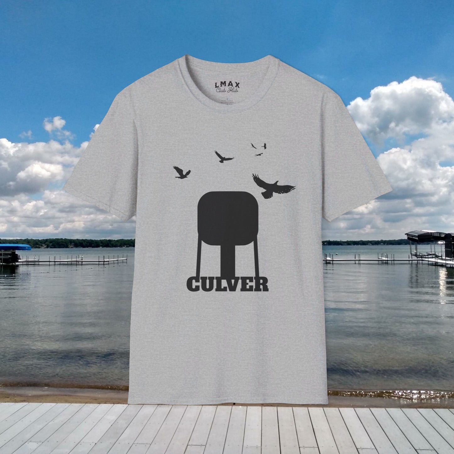 Culver Indiana Water Tower with Turkey Vultures in Black Silhouette Unisex Softstyle T-Shirt