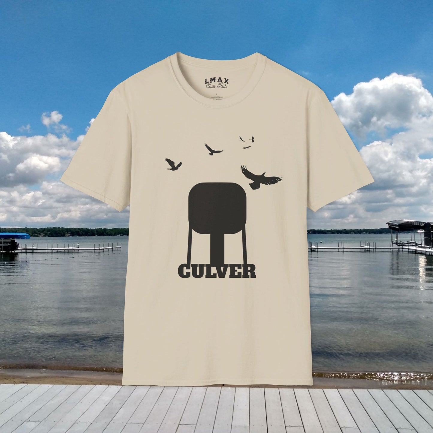 Culver Indiana Water Tower with Turkey Vultures in Black Silhouette Unisex Softstyle T-Shirt