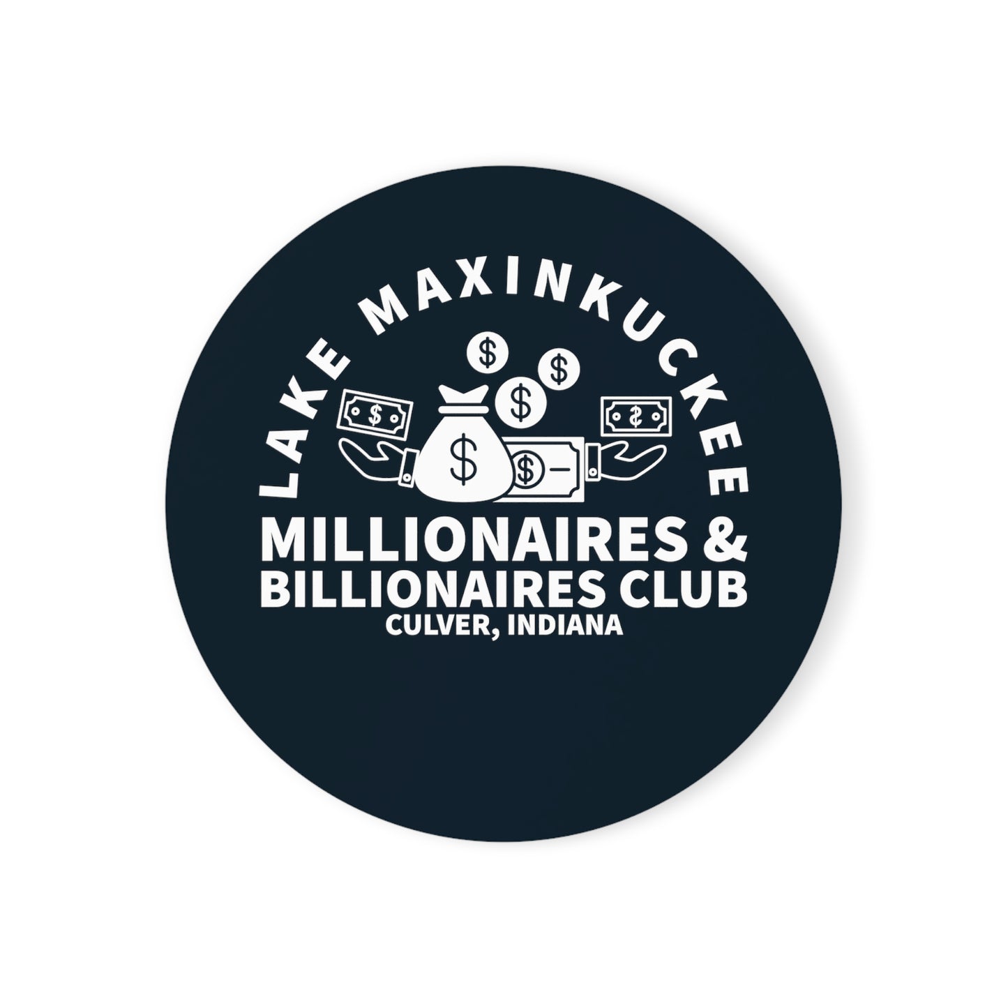 graphic of money bags, piles of money, and dollar signs with text Lake Maxinkuckee Millionaires & Billionaires Club, Culver Indiana