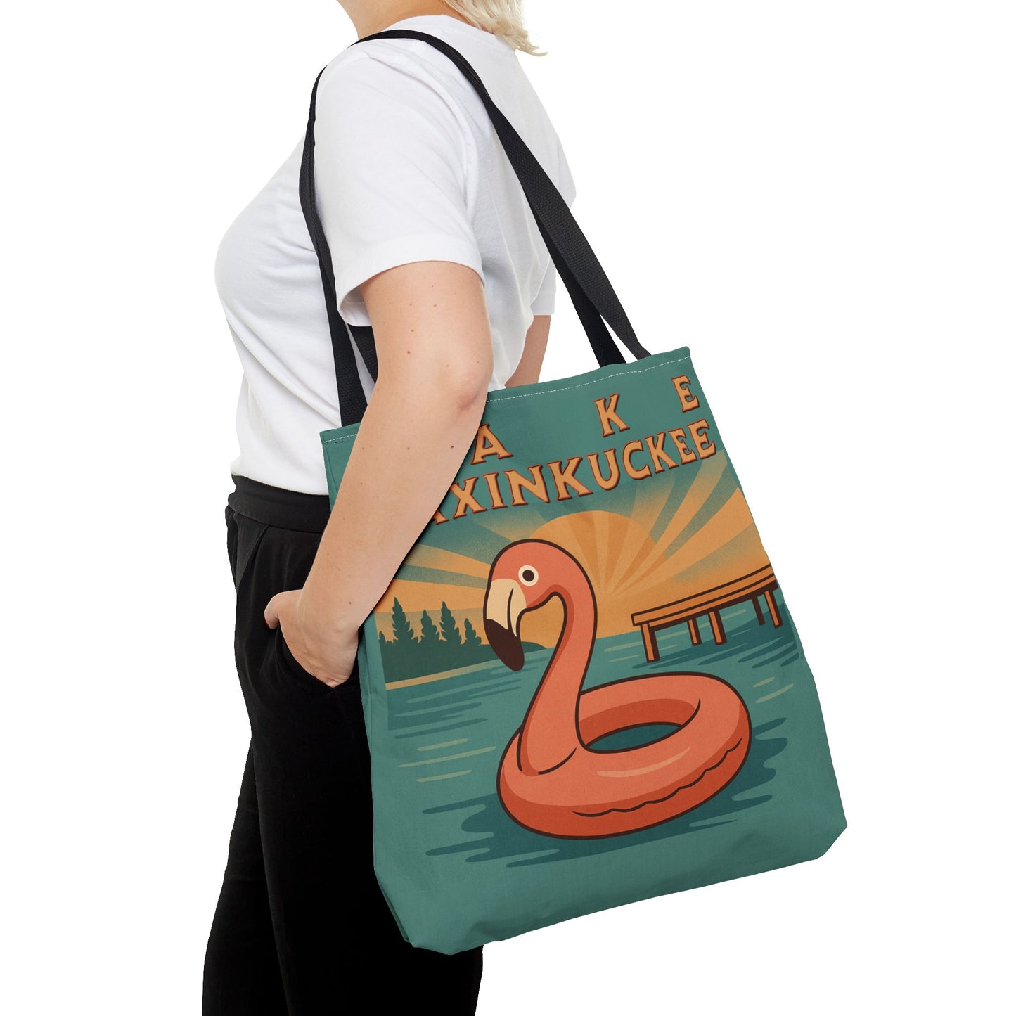 Tote bag with flamingo design and 'Lake Maxinkuckee' text 