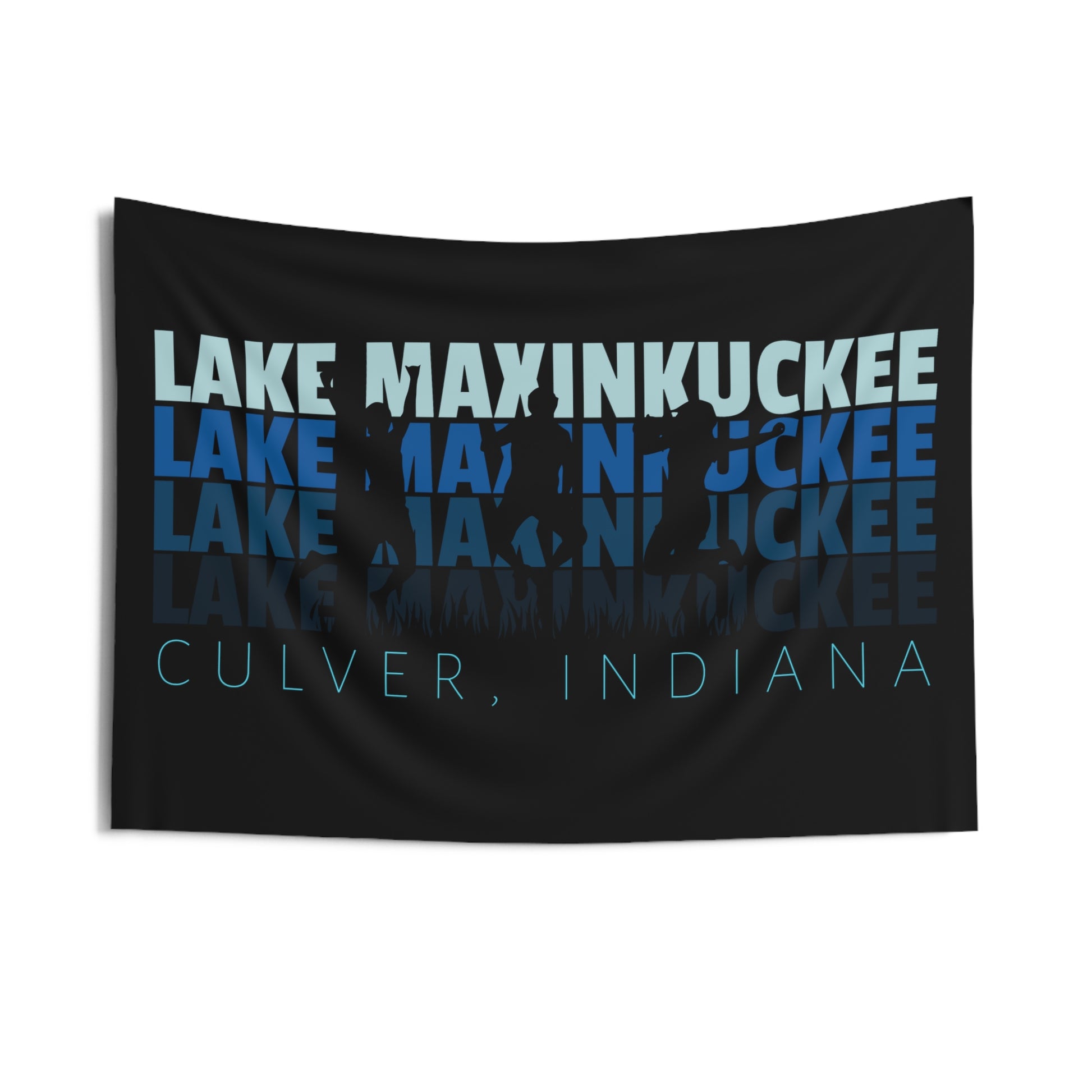 graphic Lake Maxinkuckee repeated 4 times horizontally from light blue to dark blue with Culver Indiana under that and an overlay of 3 jumping people in silhouette form