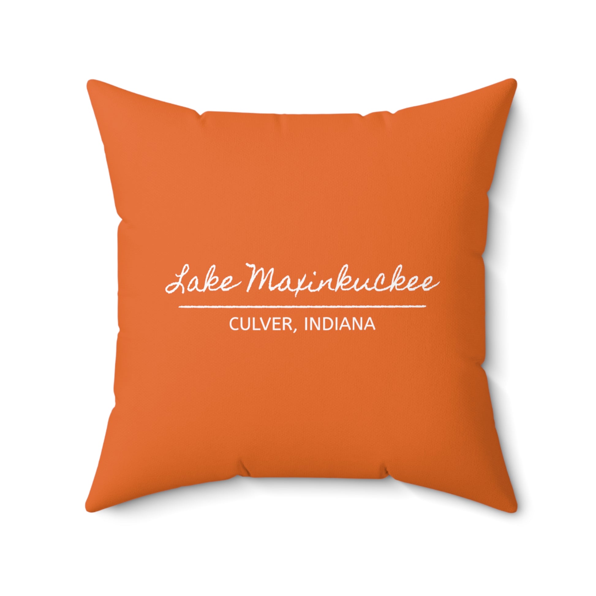 back of pillow says LAKE MAXINKUCKEE, CULVER, INDIANA