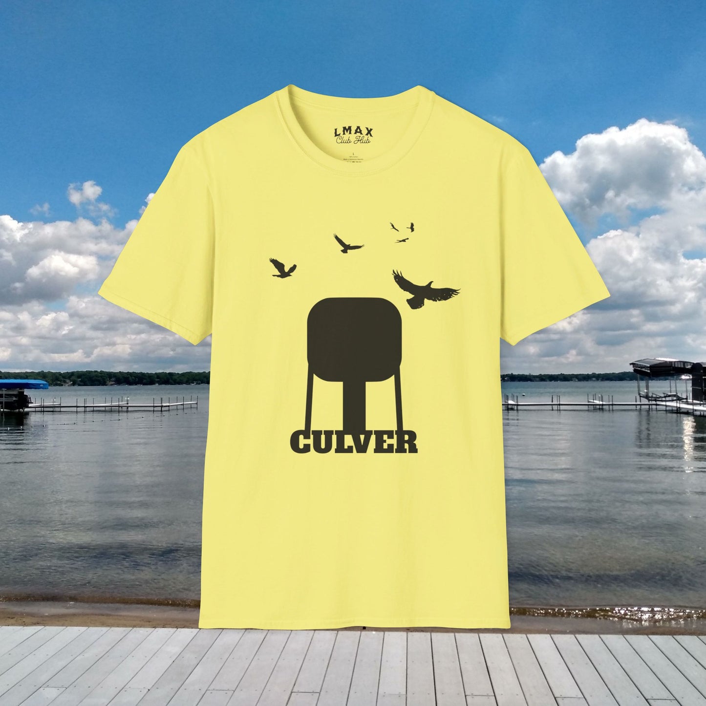 Culver Indiana Water Tower with Turkey Vultures in Black Silhouette Unisex Softstyle T-Shirt