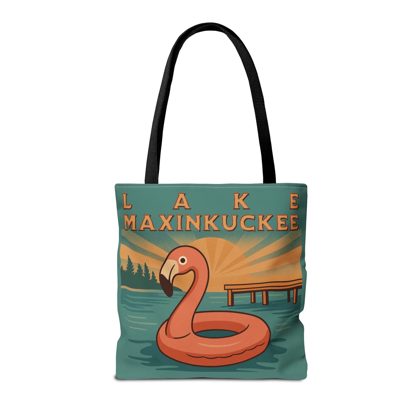 Tote bag with flamingo design and 'Lake Maxinkuckee' text 