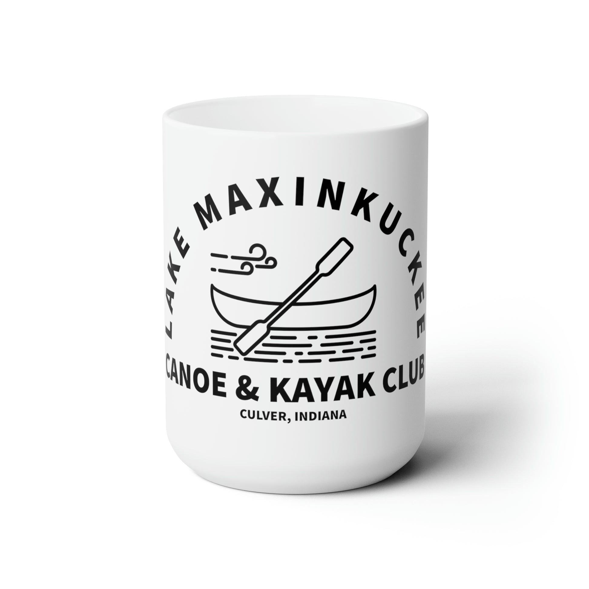 graphic of a canoe and paddle with text Lake Maxinkuckee Canoe & Kayak Club, Culver Indiana