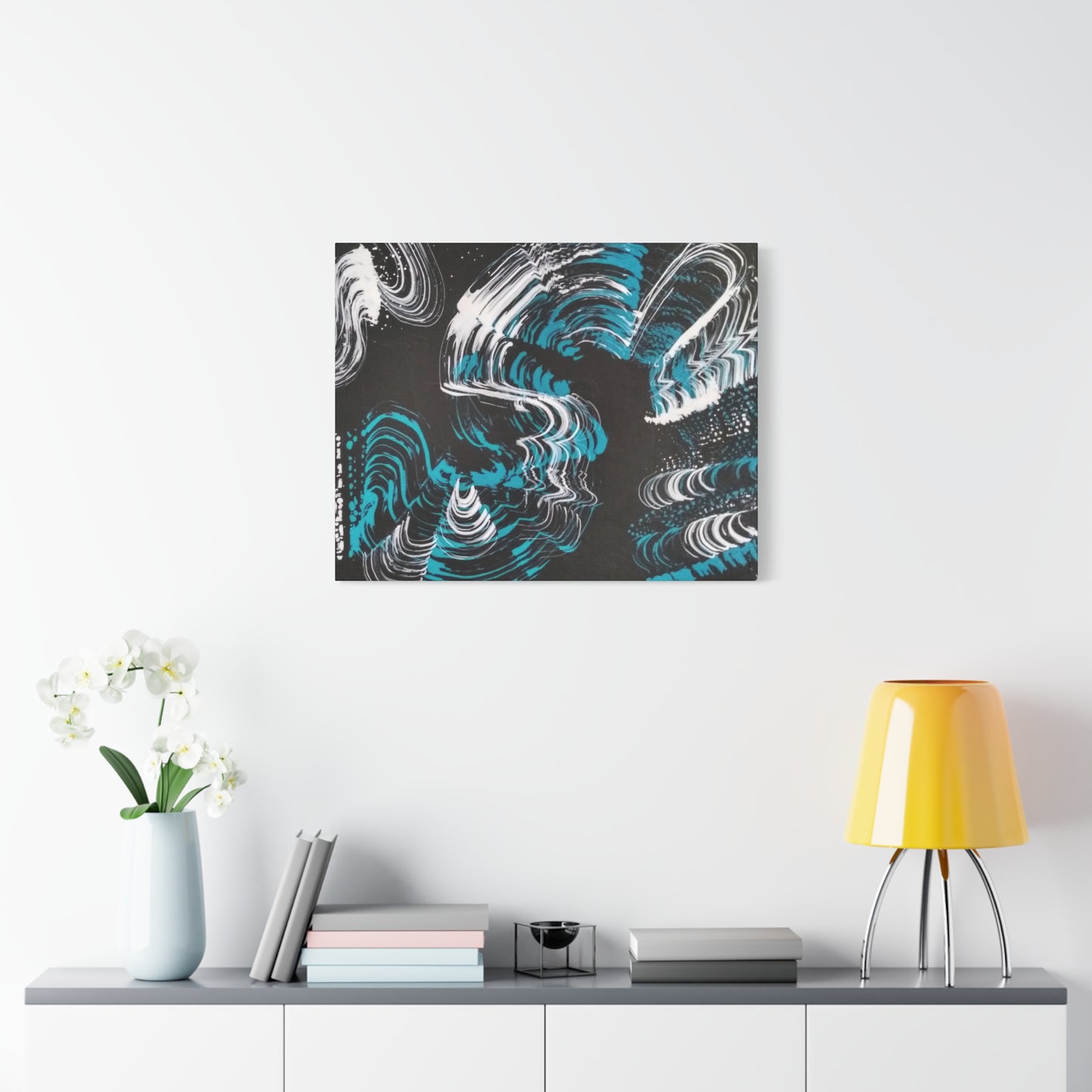 Jellyfish Slinky #13 abstract painting in black, white, turquoise, water themed wall art POD Canvas Gallery Wraps