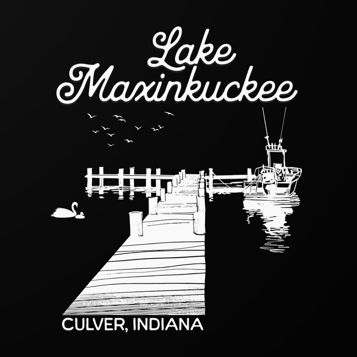 Square Stickers -Lake Maxinkuckee, Culver, Indiana, Pier and Boat Silhouette Indoor/Outdoor