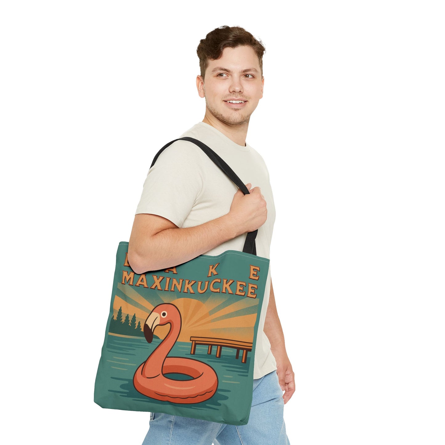 Tote bag with flamingo design and 'Lake Maxinkuckee' text 