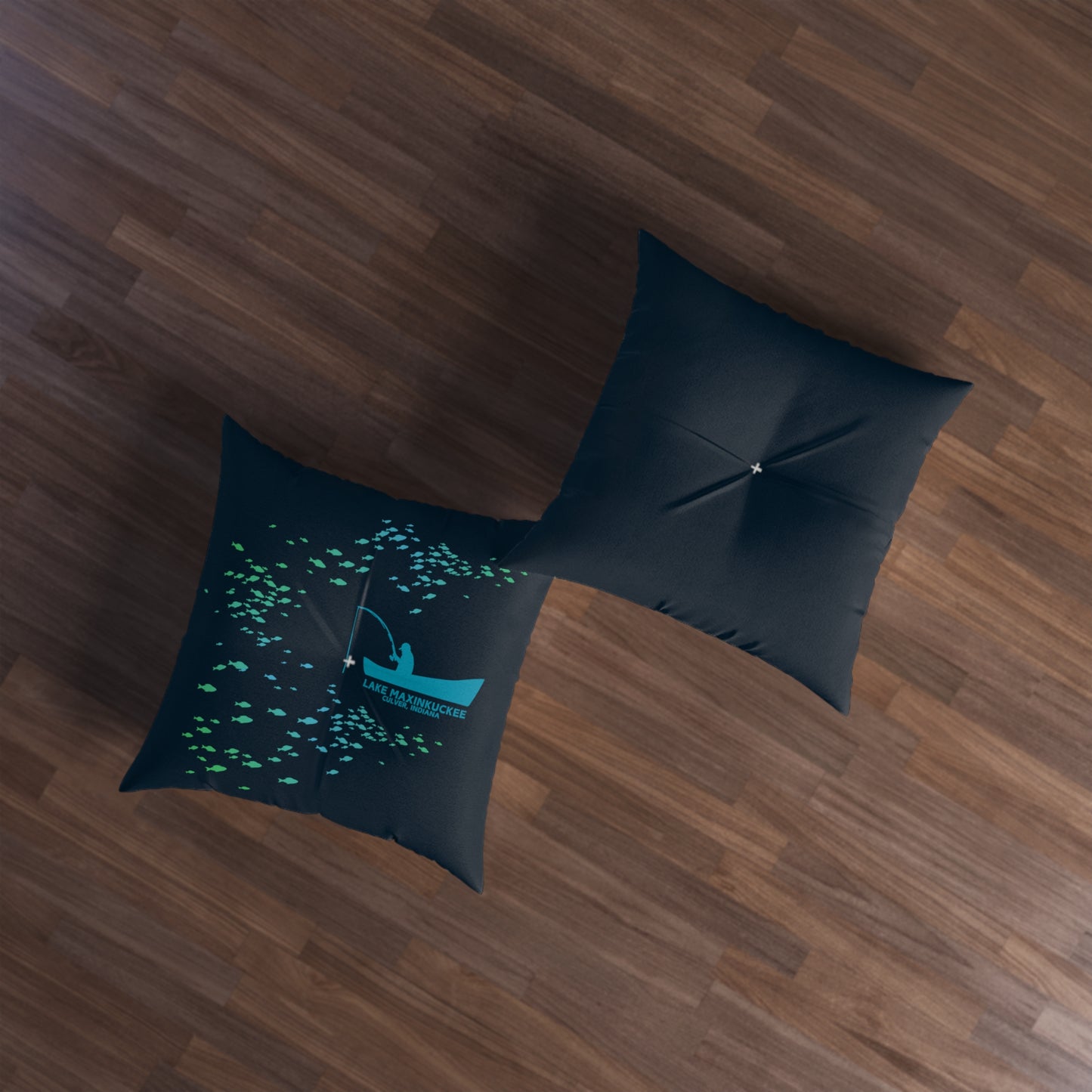 Fisherman in Boat Silhouette Tufted Floor Pillow, Square