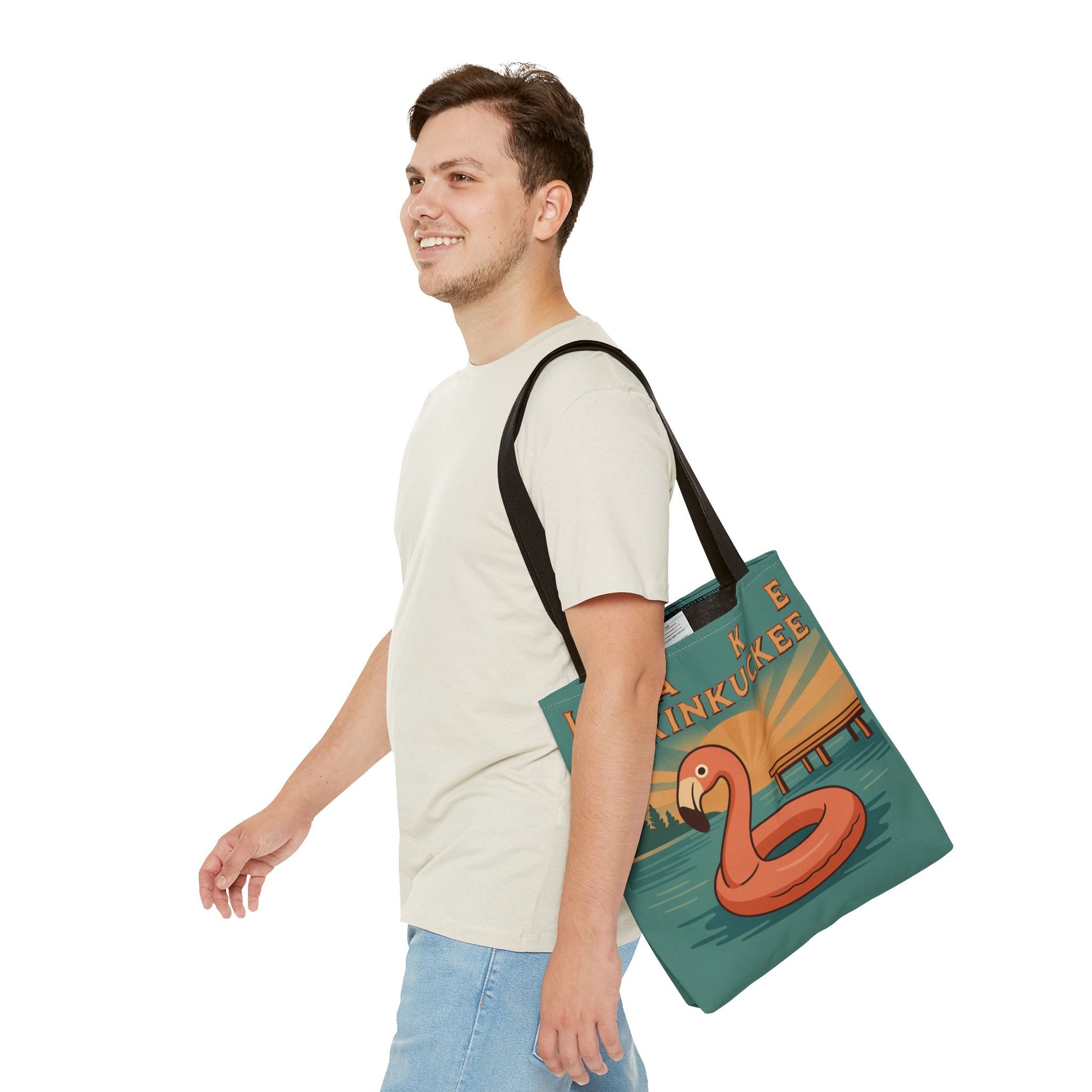 Tote bag with flamingo design and 'Lake Maxinkuckee' text 