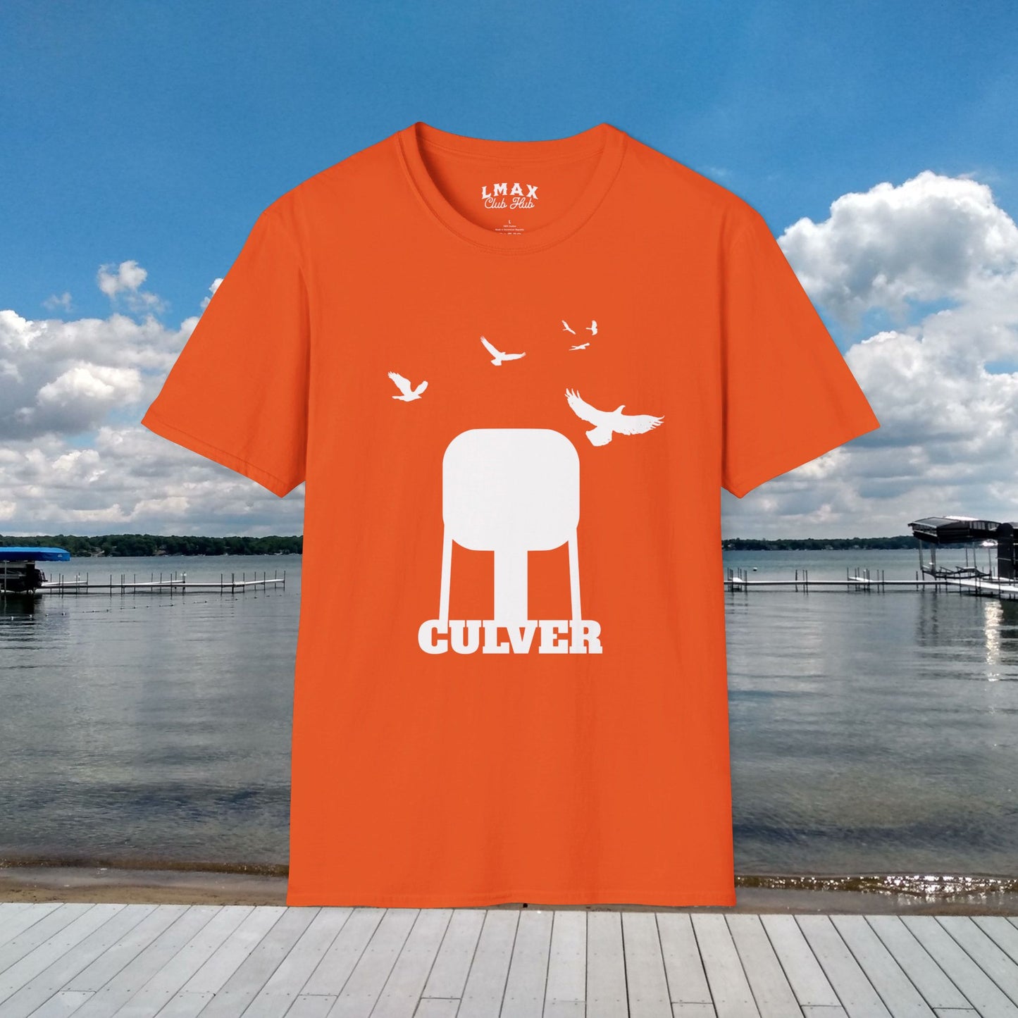 Culver Indiana Water Tower with Turkey Vultures in White Silhouette Unisex Softstyle T-Shirt