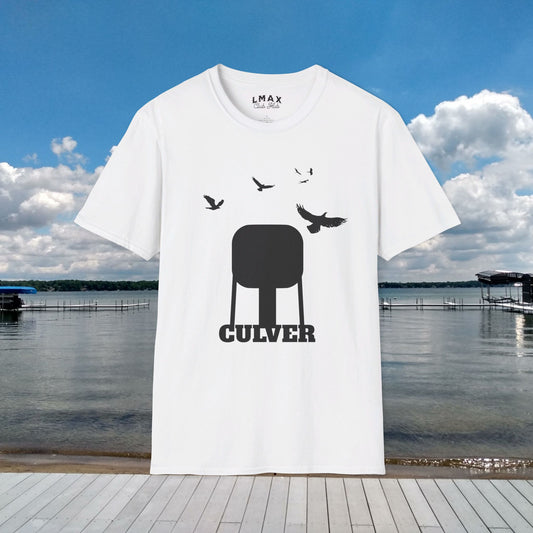 Culver Indiana Water Tower with Turkey Vultures in Black Silhouette Unisex Softstyle T-Shirt